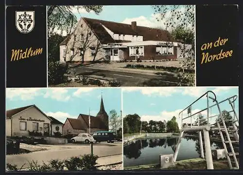 AK Midlum /Nordsee, Gasthaus Wartburg, Freibad, Spar- und Darlehnskasse