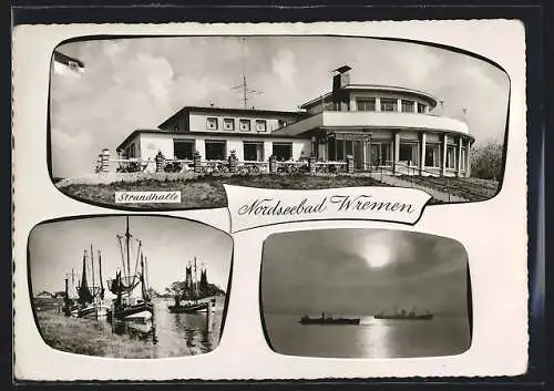 AK Wremen, Das Gasthaus Strandhalle, angetaute Fischkutter, Meerblick