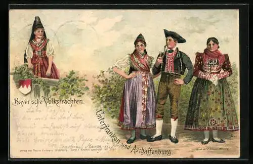 Lithographie Aschaffenburg, 3 Frauen und 1 Mann in bayrischer Volkstracht