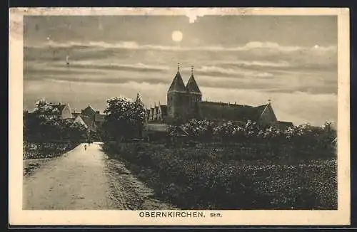 AK Obernkirchen, Stift u. Häuser mit Strasse bei Mondschein