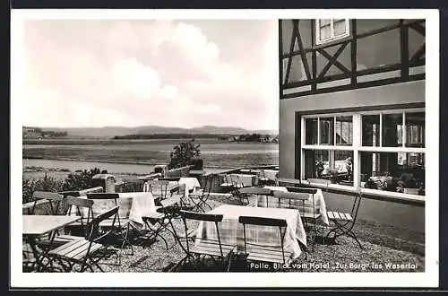 AK Polle, Hotel zur Burg H. Jacob, Terrasse mit Wesertalblick