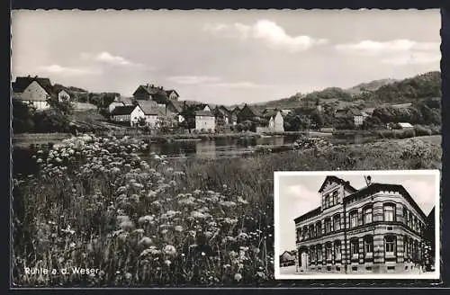 AK Rühle /Weser, Gasthaus-Pension zur Weser L. Warnecke, Ortsansicht mit Weser