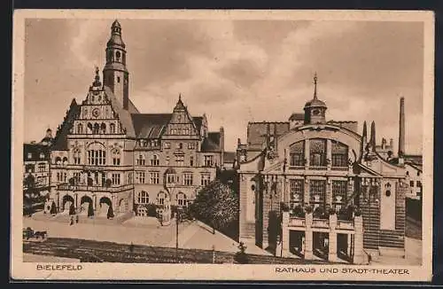 AK Bielefeld, Rathaus und Stadt-Theater aus der Vogelschau