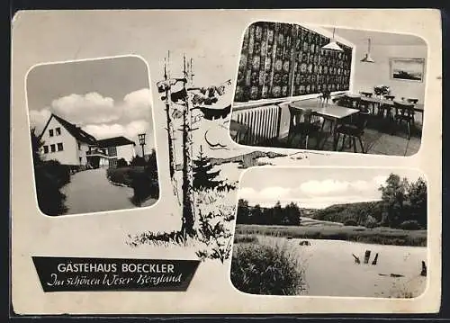 AK Meiborssen / Weserbergland, Gästehaus Boeckler, Innenansicht Gastraum, Partie am See