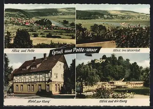 AK Polle /Weser, Hotel zur Burg, Burg mit Dampfer, Wesertal