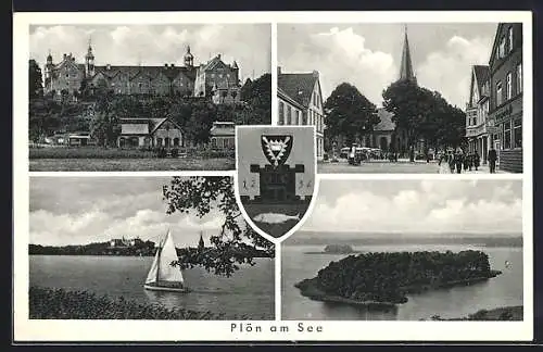 AK Plön am See, Strassenpartie mit Kreissparkasse, Schloss und Segelboot