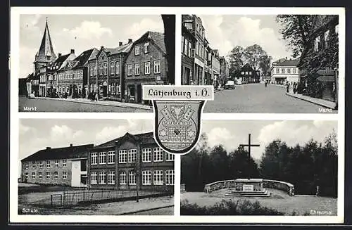 AK Lütjenburg i. H., Markt, Schule, Ehrenmal, Wappen