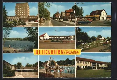 AK Quickborn /Holst., Freibad, Minigolfanlagen, Geschäft und Strassenpartie