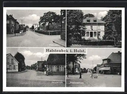 AK Halstenbek i. Holst., Poststrasse, Reitschule, Hauptstrasse, Friedensstrasse