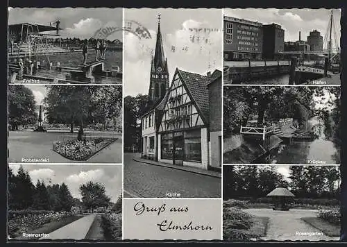 AK Elmshorn, Freibad, Kirche, Rosengarten, Probstenfeld, Hafen, Krückau