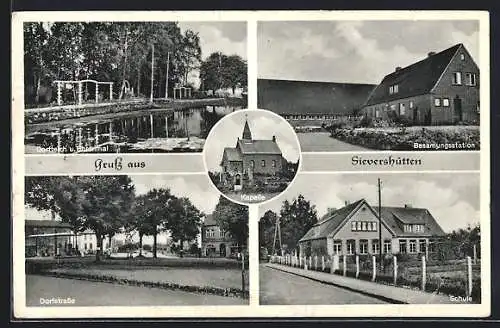 AK Sievershütten /Schleswig-Holstein, Besamungsstation, Dorfteich u. Ehrenmal, Dorfstrasse