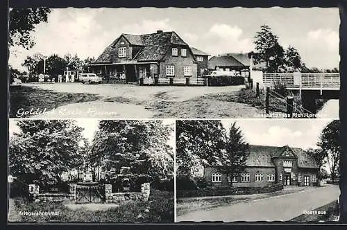 AK Goldebek /Husum, Gasthaus.Kriegerehrenmal, Geschäftshaus Lorenzen mit Brücke