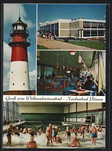 AK Büsum /Nordsee, Wellenschwimmbad mit Restaurantpartie, Leuchtturm