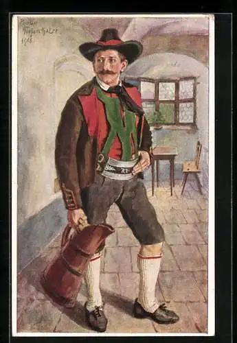 AK Meran, Mann in Tracht mit einer Kanne ein der Hand