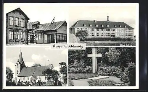 AK Kopp b. Schleswig, Gasthaus zur Post, neue Schule, Kriegerehrung, Kirche