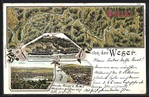 Lithographie Hameln, Dampfer Fürst Bismarck auf der Weser, Ortsansicht, Landkarte