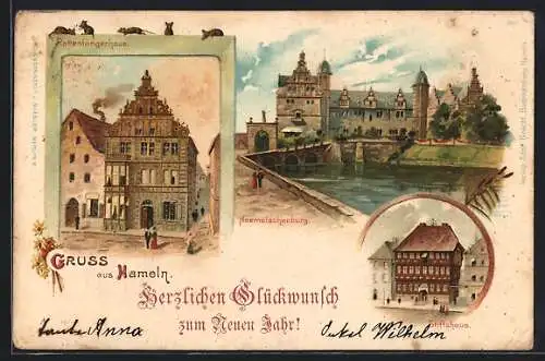 Lithographie Hameln, Rattenfängerhaus mit Haemelschenburg