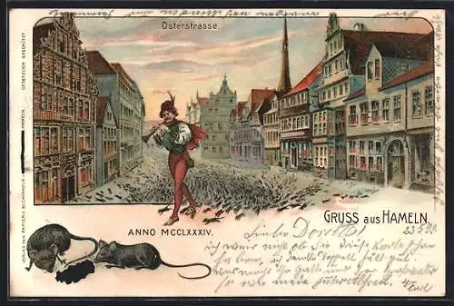 Lithographie Hameln, Osterstrasse anno MCCLXXXIV mit dem Rattenfänger von Hameln