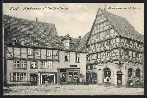 AK Soest, Marktstrasse mit Freiligrathhaus, Geschäfte