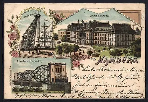 Lithographie Hamburg-Neustadt, Justiz Gebäude, Eisenbahn Elbbrücke, Riesen Kran am Hafen