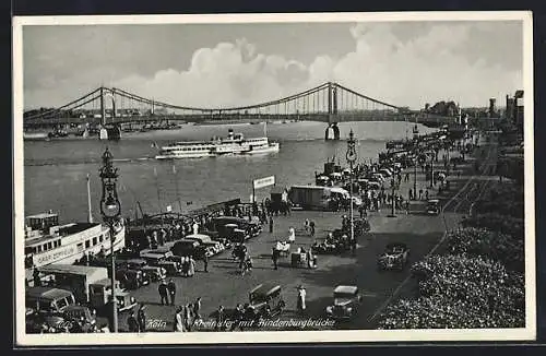 AK Köln, Rheinufer mit Dampfer vor der Hindenburgbrücke