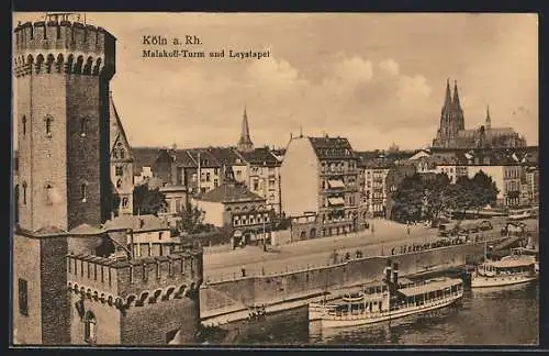 AK Köln a. Rh., Malakoff-Turm und Leystapel mit Dampfer