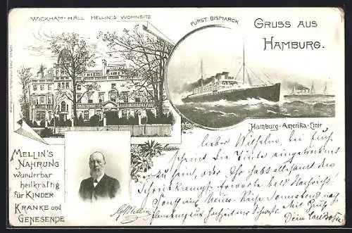 AK Hamburg, Wickham Hall, Mellins Wohnsitz, Passagierschiff Fürst Bismarck