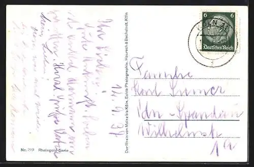 AK Köln, nächtlicher Rhein mit Dom im Scheinwerferlicht