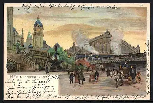 Lithographie Köln, Kutschen vor dem Hauptbahnhof