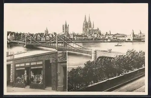 AK Köln-Deutz, Brücke mit Blick zur Stadt, Geschäft