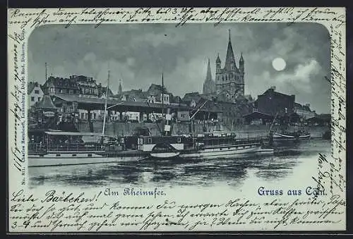 Mondschein-AK Köln, Rheinufer mit Dampfer Mülheim a. Rhein