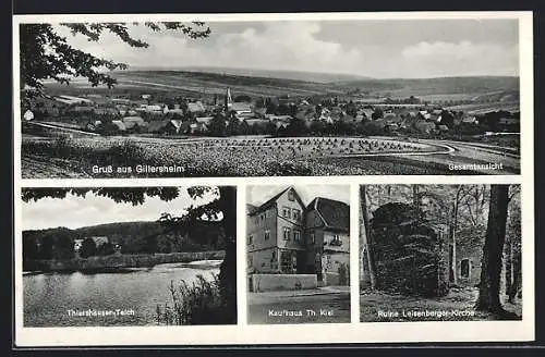 AK Gillersheim / Harz, Kaufhaus Th. Kiel, Ruine Leisenberger-Kirche, Panorama