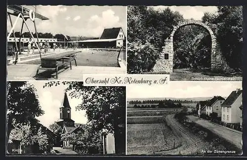 AK Obersuhl /Kr. Rotenburg a. F., Schloss-Ruine Blumenstein, Kirche, Schwimmbad