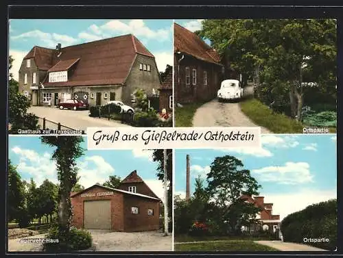 AK Giesselrade /Ostholstein, Gasthaus zur Travequelle, Feuerwehr-Haus, Ortspartie