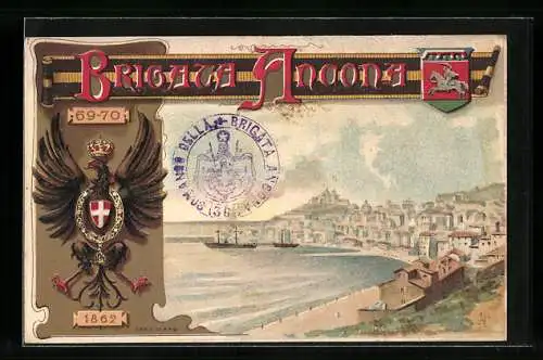 Lithographie Ancona, Brigata 69-70, Adler, Wappen, Blick zum Ort