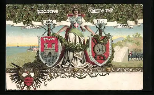 Lithographie Livorno, 34. Reggimento Fanteria, Volontari di Toscana 1859-1896, Wappen, Adler