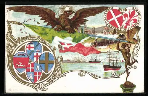 Lithographie Firenze, Magazzino Centrale Militare, Fahne, Wappen, Adler, Eisenbahn, Segelschiffe