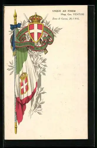 Lithographie 39 Battaglione, Zona di Guerra 26-1-1916, Fahne, Wappen