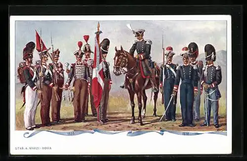Künstler-AK Infanteriesoldaten in Uniformen mit Gewehren, 1833-1838