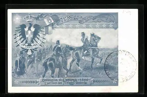 AK Custoza, Battaglia di Custoza 1866, L`arrivo del 71o Reggimento Fanteria, Soldaten in Uniform zu Pferde, Wappen