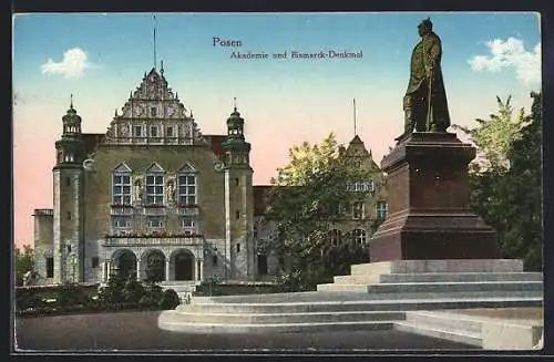 AK Posen / Poznan, Akademie & Bismarckdenkmal