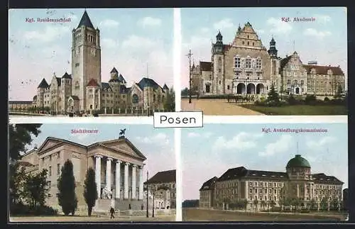 AK Posen / Poznan, Kgl. Residenzschloss, Kgl. Akademie, Stadttheater