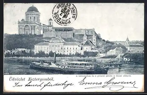 AK Esztergom, A vártemplom és a primási palota a dunai oldaról