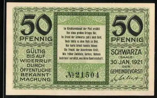 Notgeld Schwarza 1921, 50 Pfennig, grün mit Kirche und landwirtschaftlichen Szenen