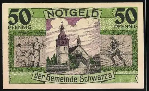 Notgeld Schwarza 1921, 50 Pfennig, grün mit Kirche und landwirtschaftlichen Szenen