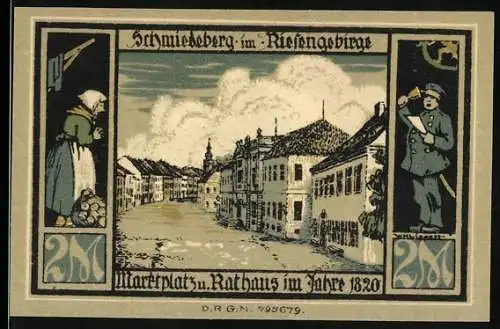 Notgeld Schmiedeberg im Riesengebirge, 1920, 2 Mark, Marktplatz und Rathaus, Skulptur