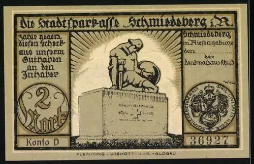 Notgeld Schmiedeberg im Riesengebirge, 1920, 2 Mark, Marktplatz und Rathaus, Skulptur