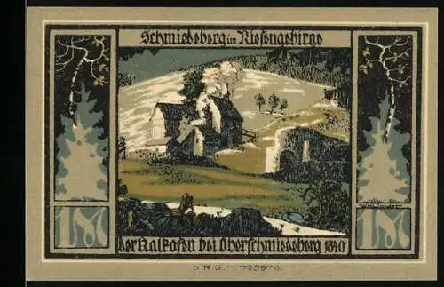 Notgeld Schmiedeberg im Riesengebirge 1921, 1 Mark, Vorderseite Landschaft mit Häusern, Rückseite Skulptur auf Sockel