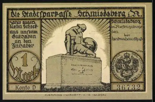 Notgeld Schmiedeberg im Riesengebirge 1921, 1 Mark, Vorderseite Landschaft mit Häusern, Rückseite Skulptur auf Sockel