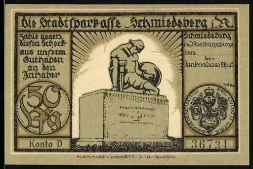 Notgeld Schmiedeberg, 1921, 50 Pfennig, Denkmal und Landschaft mit Schneekoppe